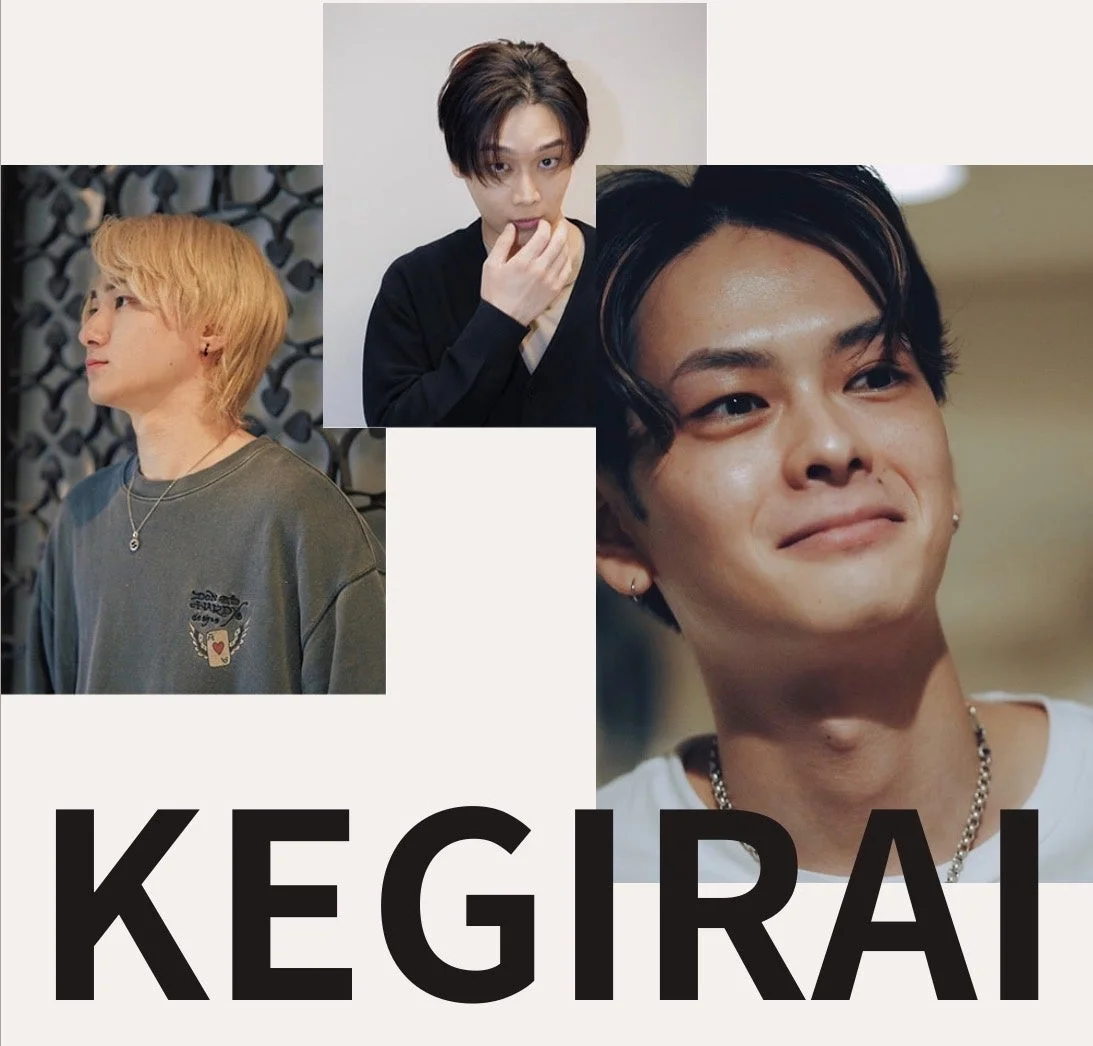 KEGIRAIロゴと男性ポートレートのコラージュ