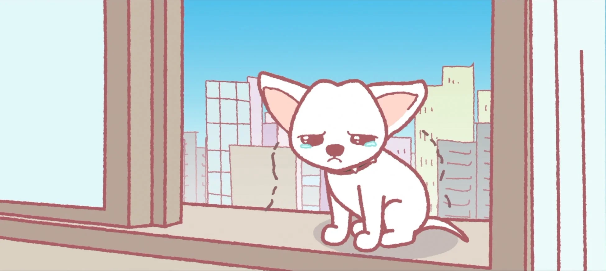 悲しそうな表情をしている白いアニメ風の犬