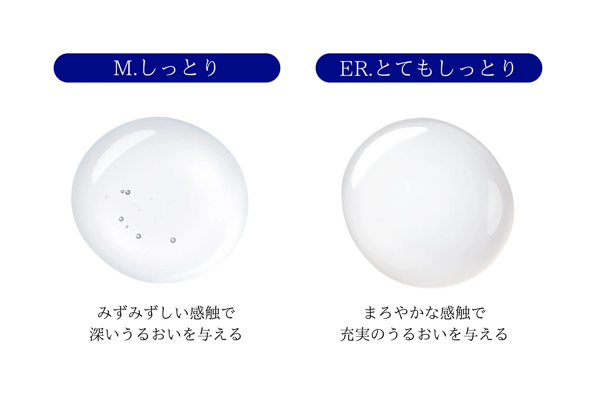 「M.しっとり」と「ER.とてもしっとり」という2種類の保湿液のテクスチャーと効果を比較