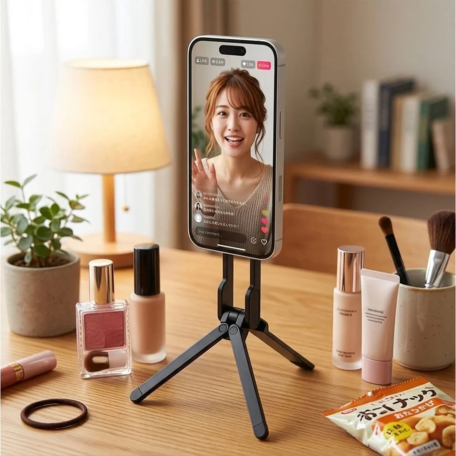 ライブ配信中のスマートフォンが三脚に立てられている様子
