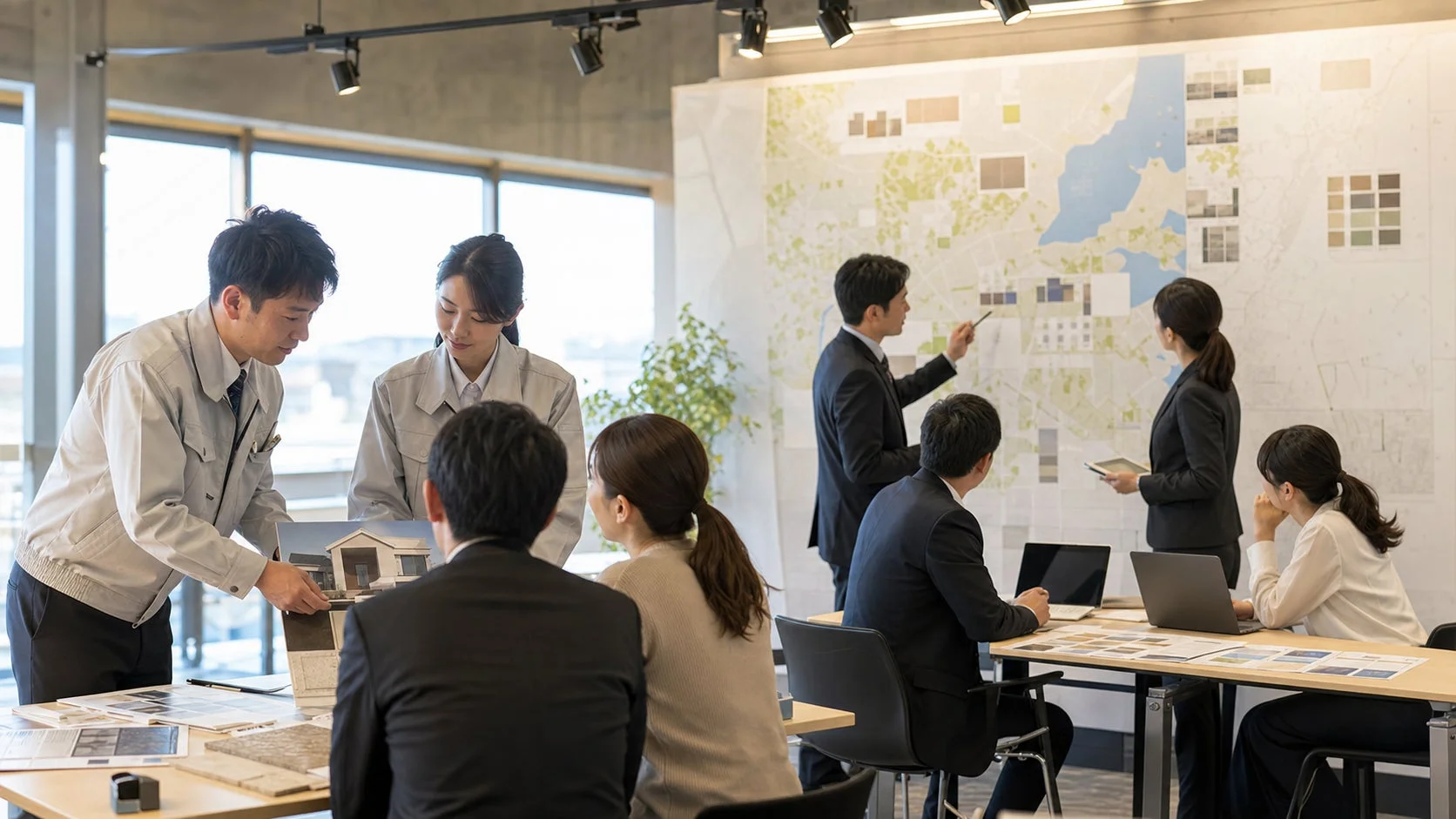 オフィスで住宅模型や地図を囲んで会議を行うビジネスパーソン