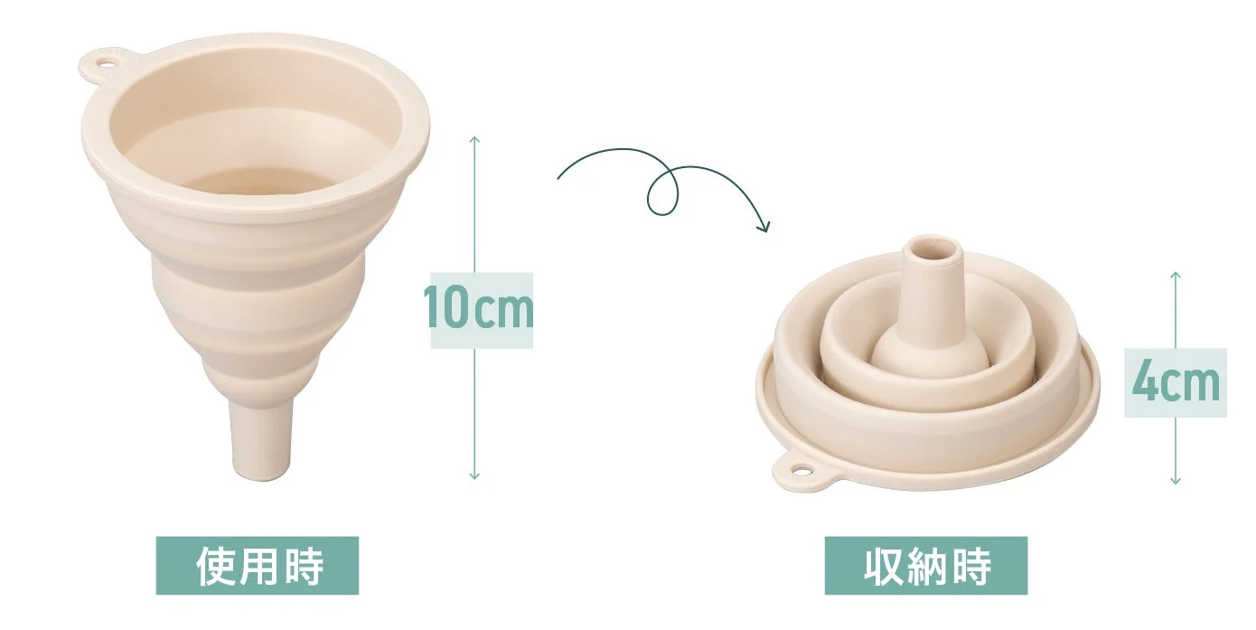 折りたたみじょうごの使用時と収納時のサイズ比較